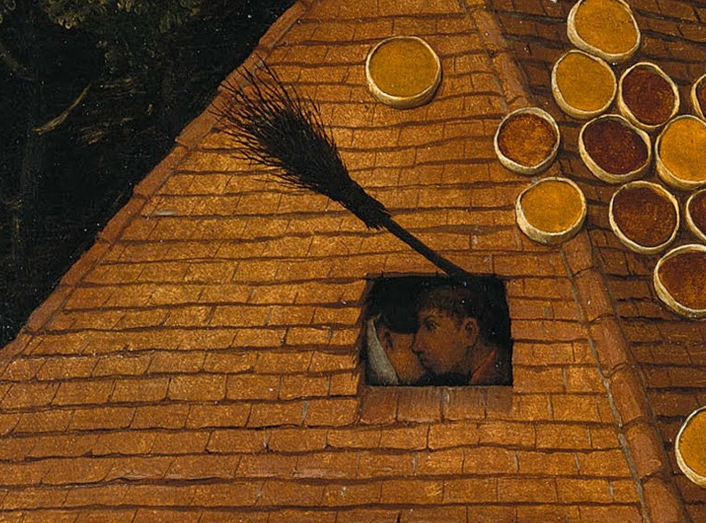 Pieter Bruegel The Elder. Flemish proverbs. Fragment: Marry under a broom - cohabitation without marriage