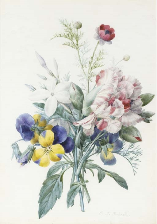 Pierre-Joseph Redoute. Bouquet: violets, carnations, jasmine and poppies