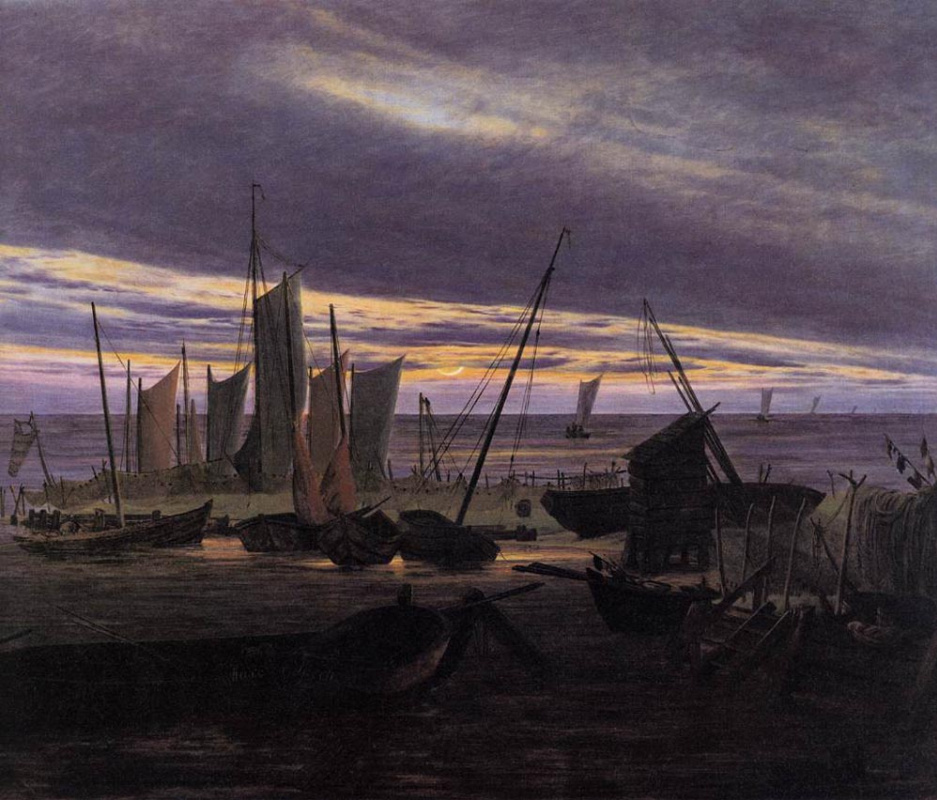 Caspar David Friedrich. Boats in the harbor in the evening