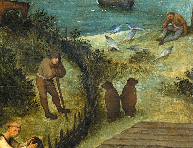 Pieter Bruegel The Elder. Proverbios flamencos. Fragmento: reloj de los osos baila - muere de hambre