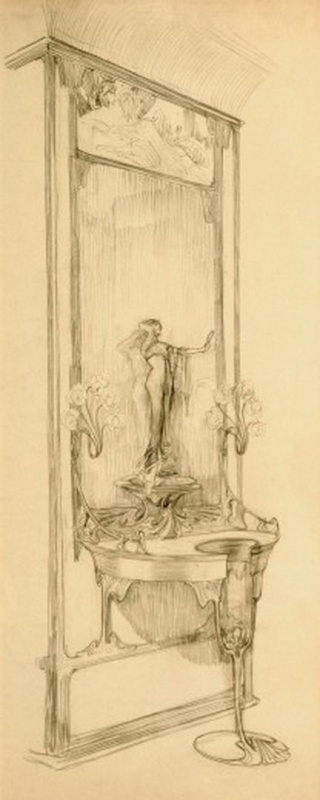 Alfonse Mucha. The interior of the jewelry store of Georges Fouquet. A sketch showcase with mirror and figurine