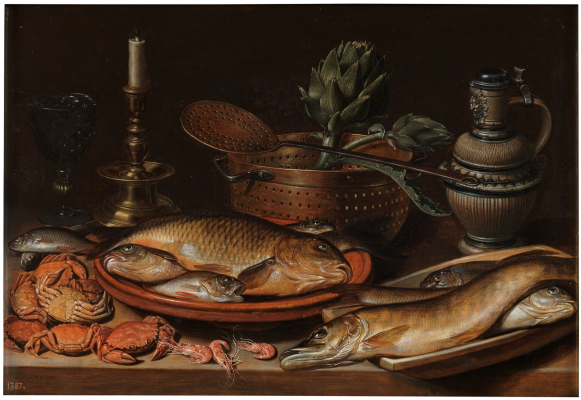Clara Peeters. Still life with fish, candle, artichokes, crab and shrimp