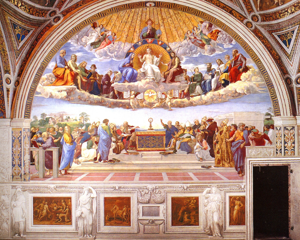 Raphael Sanzio. The stanza della senyatura. The fresco "Dispute" (Dispute of the Holy Sacrament)