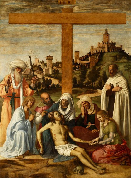 Giovanni Battista Cima da Conegliano. The lamentation of Christ with a monk-Carmelite