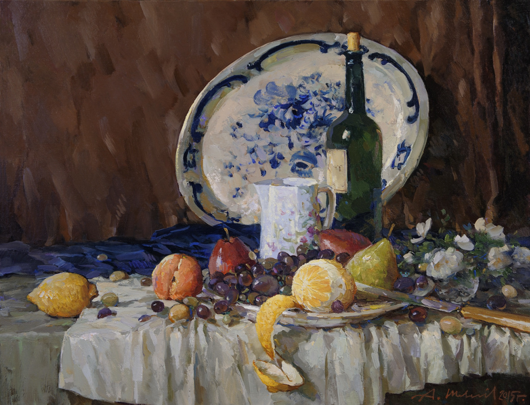 Alexander Viktorovich Shevelev. Porcelana y fruta. Óleo sobre lienzo 50.5 x 65 cm. 2015