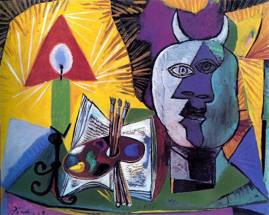 Pablo Picasso. 静物与蜡烛，调色板和牛头怪的头