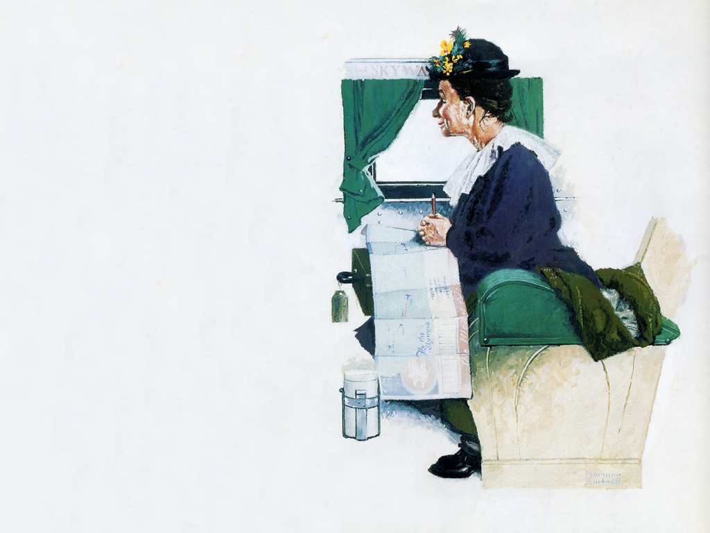 Norman Rockwell. Flight on the airplane. Cover of "The Saturday Evening Post" (4 June 1938)