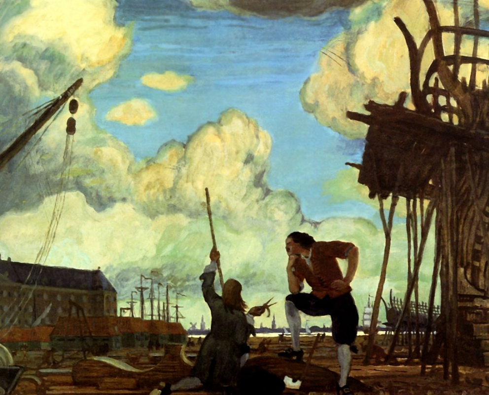 姆斯蒂斯拉夫·多布任斯基. Peter the Great in Holland. Amsterdam shipyards of the East India Company. Sketch