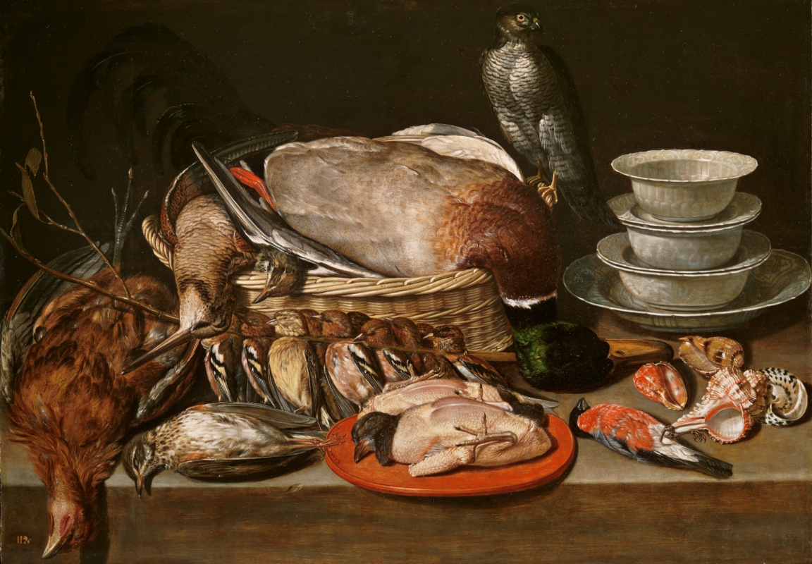 Clara Peeters. Still life with a Sparrowhawk, a bird, and porcelain sinks