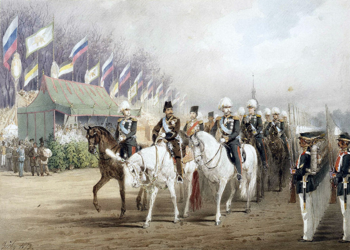 Михай Зичи. Александр II и Насир-ад-Дин Шах во время парада на Царицыном лугу