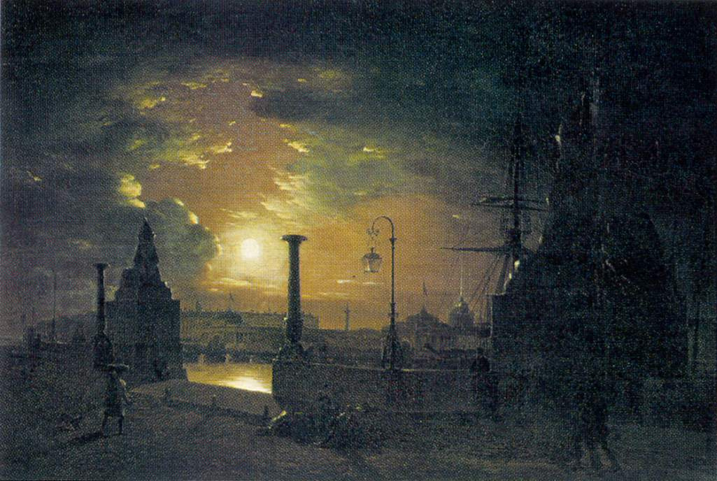 Maxim Nikiforovich Vorobiev. Autumn night in St. Petersburg. Marina with Egyptian sphinxes on the Neva river at night