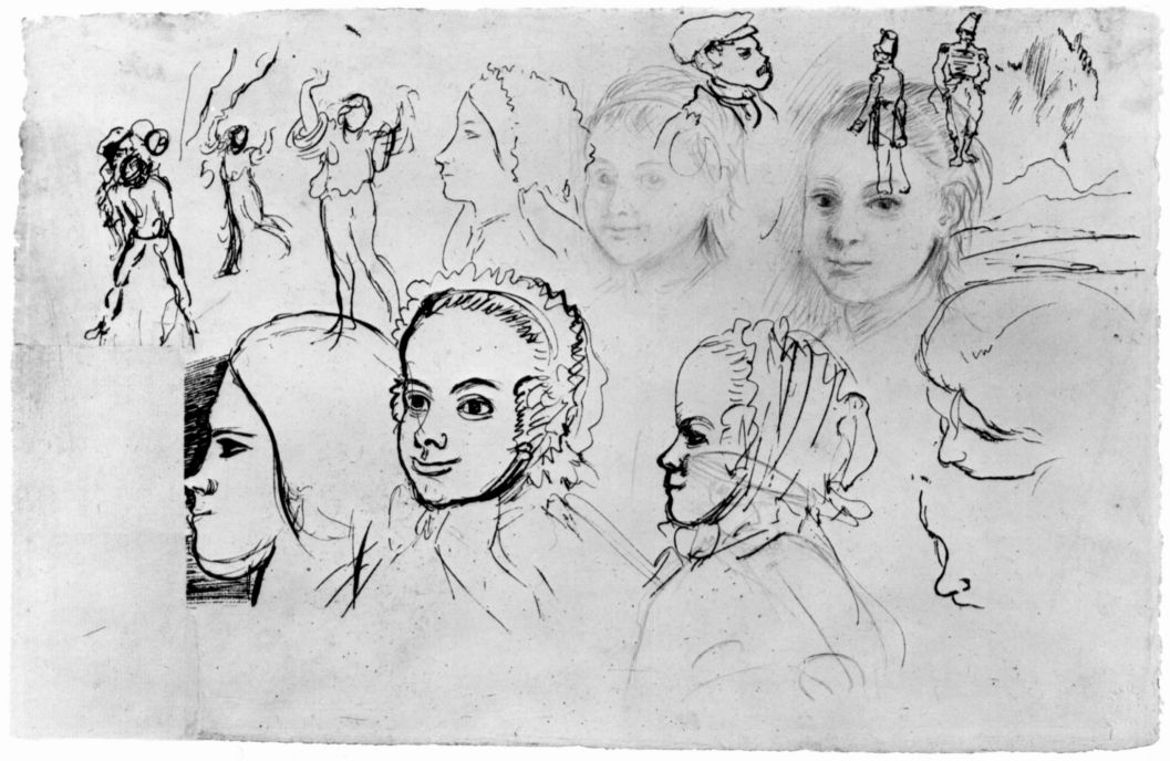 Edgar Degas. Sheet with sketches of portraits and figures