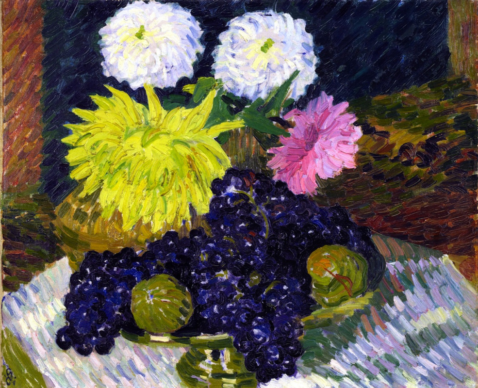 Giovanni Giacometti. Dahlias and fruit