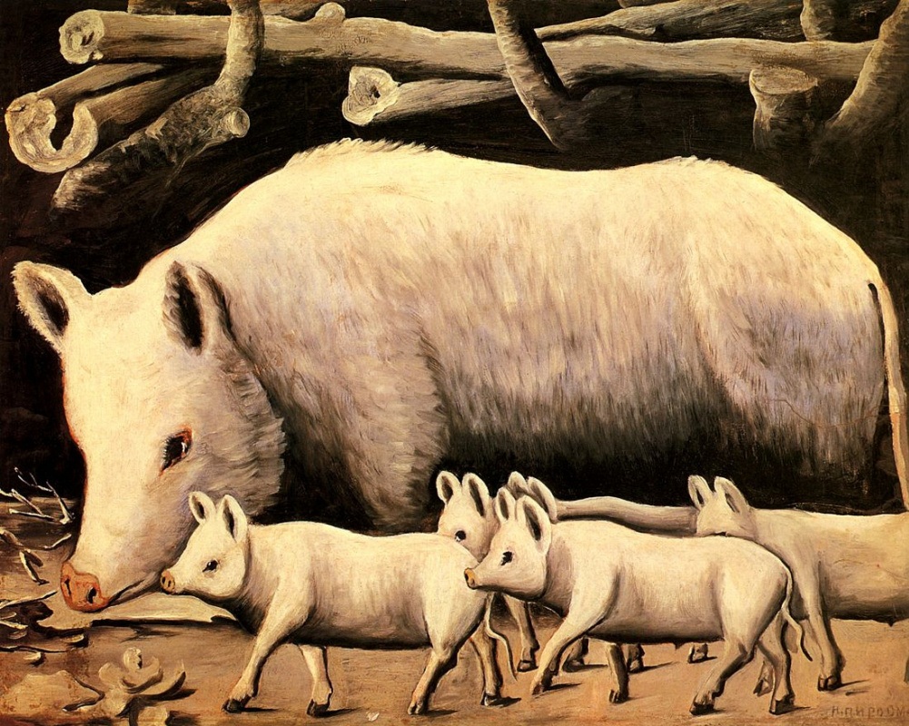 Niko Pirosmani (Pirosmanashvili). White pig with piglets