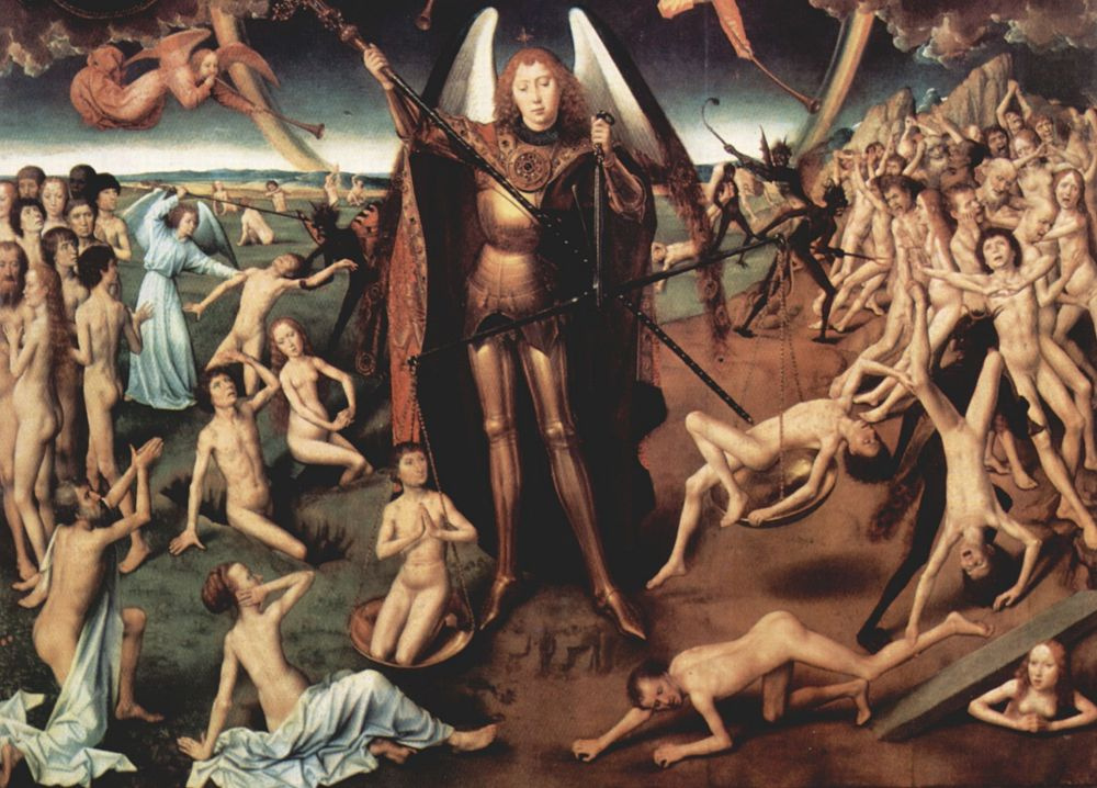 Hans Memling. The last judgment, triptych, Central part of the judging Christ, surrounded by apostles and angels, and the Archangel Michael. Fragment