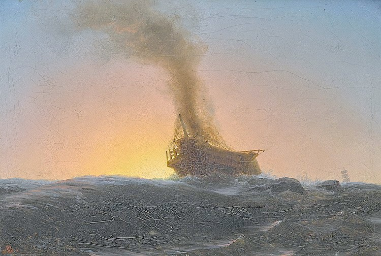 Albert Birštadt. Burning ship at sea