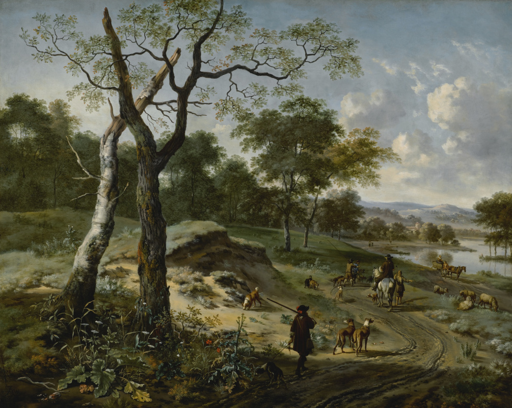 Jan Weinants. Wooded Evening Landscape With A Hunter And His Dogs