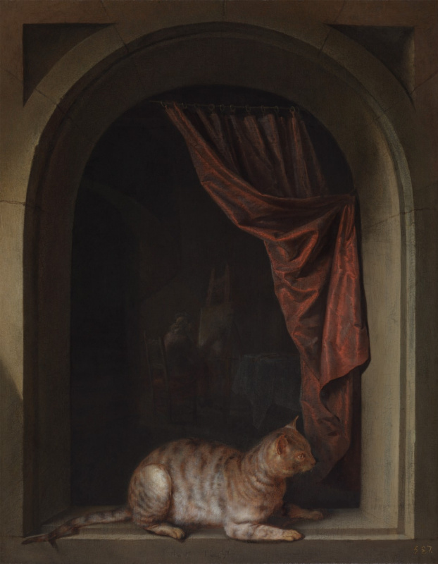 Gerrit (Gerard) Dow. Cat lying on the windowsill at the artist's studio