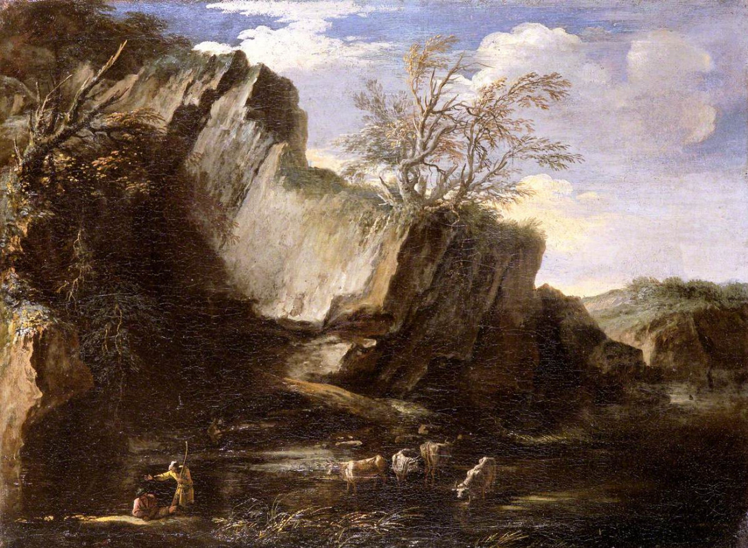 Salvator Rose. Rocky Landscape with Herdsmen and Cattle