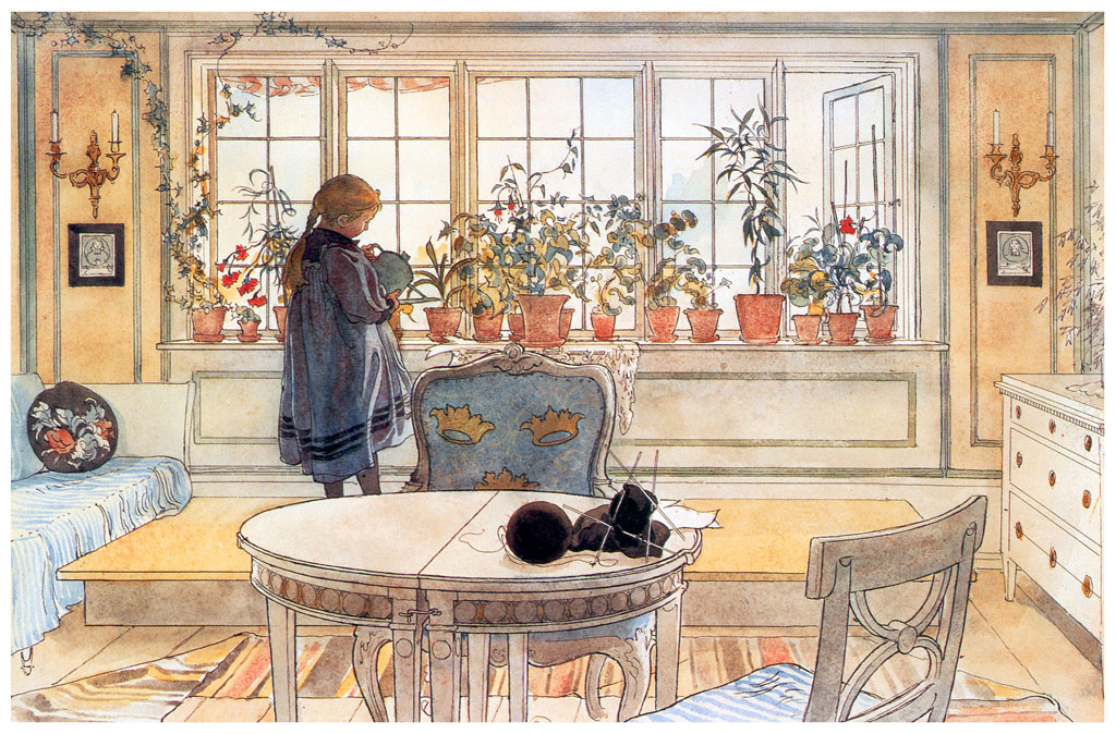 Carl Larsson. Flowers in the living room. Watercolour from the album "Our house"