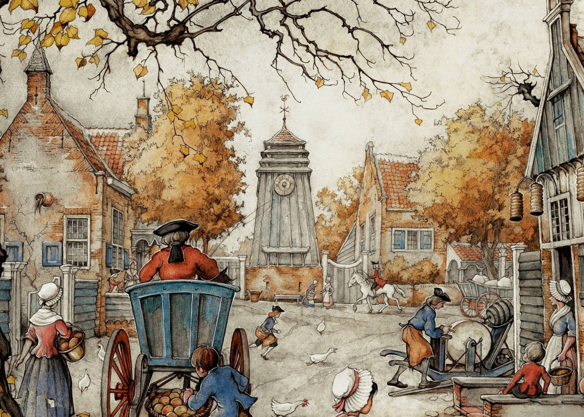 Anton Pieck Street scene in autumn city, 1981, 35×28 cm