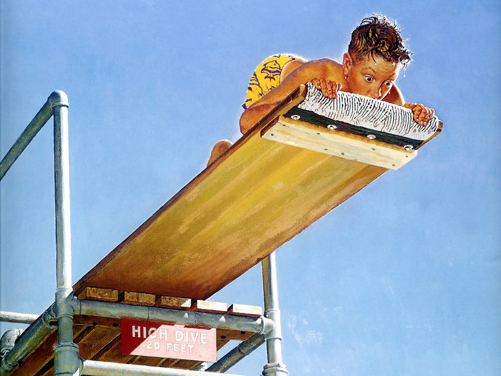 Norman Rockwell. Tips for swimming. Cover of "The Saturday Evening Post" (16 Aug 1947)