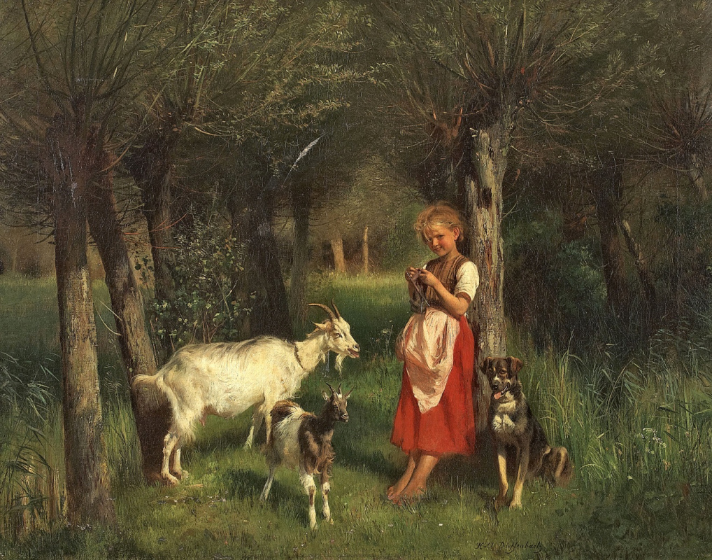 Anton Heinrich Dieffenbach. Girl with goats and dog