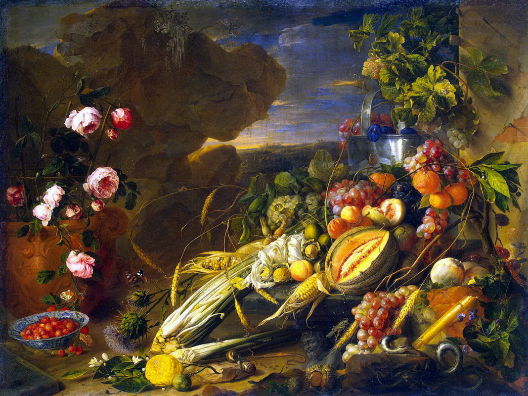 Jan Davids de Hem. Fruit and a vase of flowers