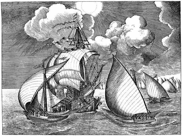 Pieter Bruegel The Elder. The warship, accompanied by sailing galleys