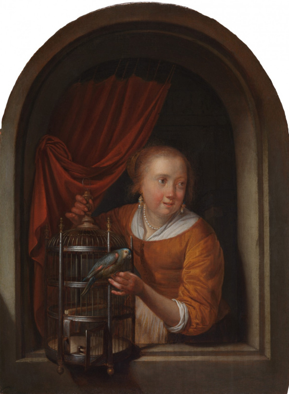 Gerrit (Gerard) Dow. A young woman in a niche with a parrot and cage