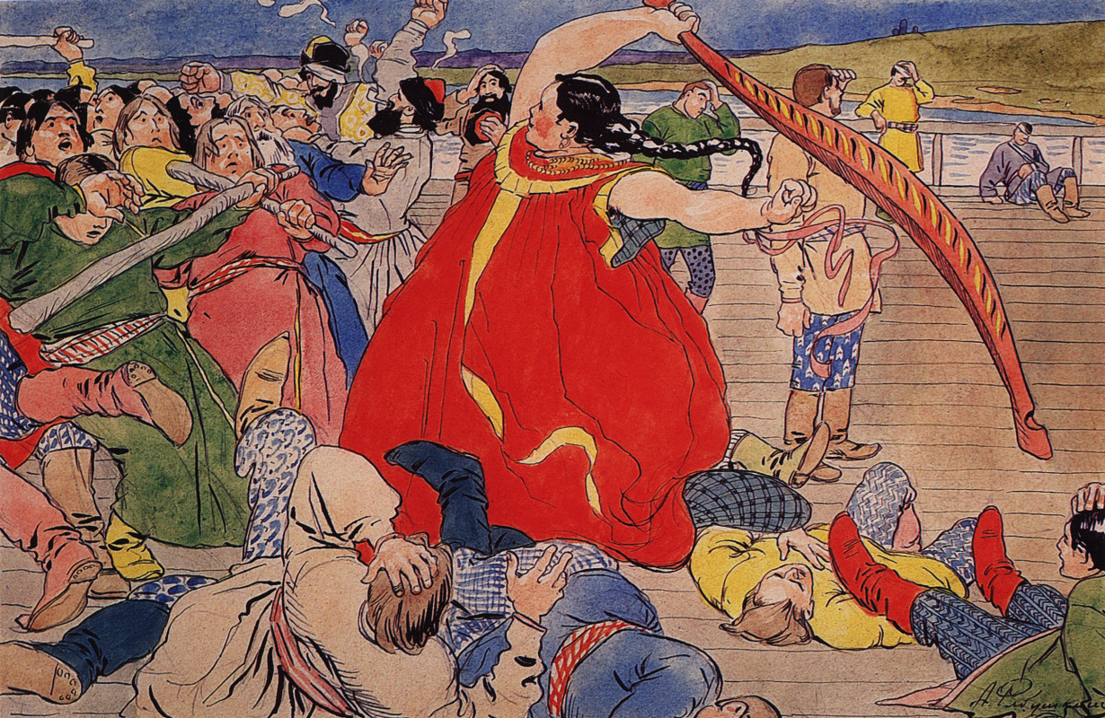 Andrei Petrovich Ryabushkin. La ragazza-Chernavushka batte gli uomini di Novgorod. 1898 Schizzo di un'illustrazione dell'epopea di Vasily Buslaev per la rivista "Jester"