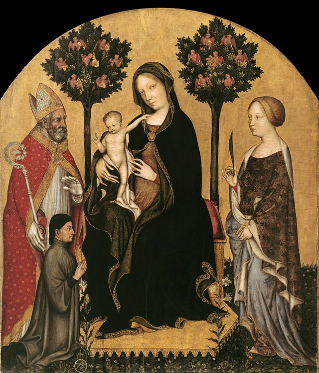 Gentile da Fabriano. Madonna with St. Nicholas of Myra, Saint Catherine of Alexandria and a donor