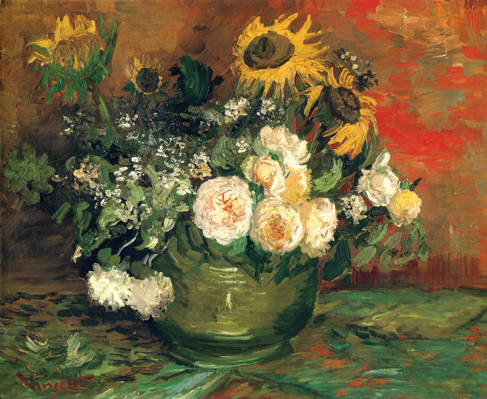 Vincent van Gogh. Bowl with sunflowers roses and other flowers