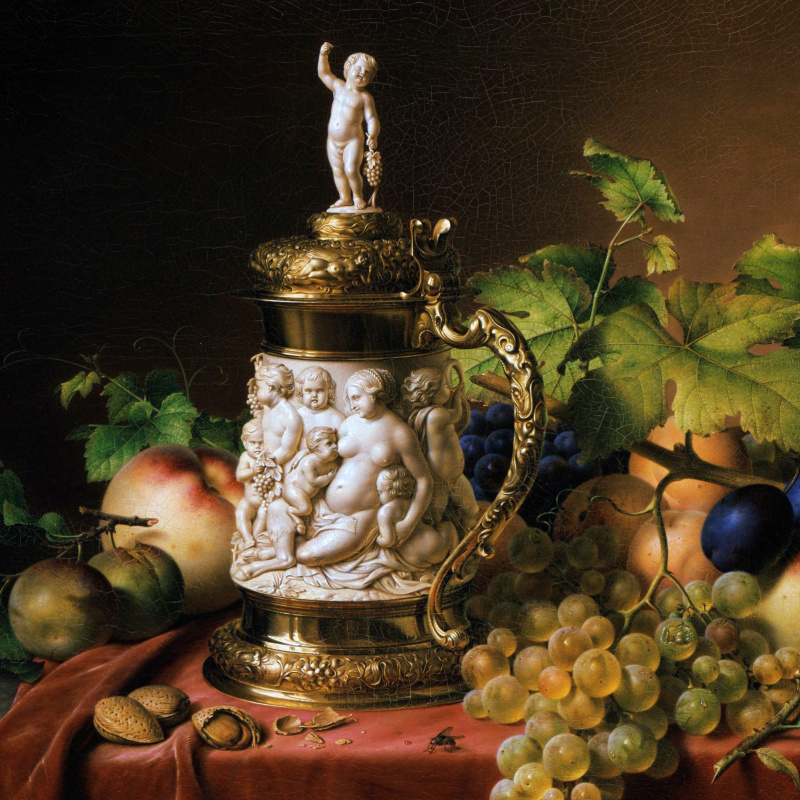 Johann Wilhelm Prairie. Fruit and a mug of ivory. 1838 detail