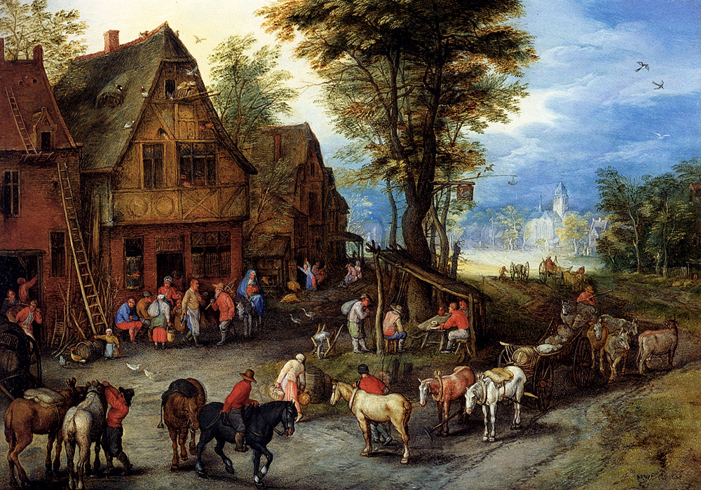 Jan Bruegel The Elder. Village street with the Holy family, came to the hotel