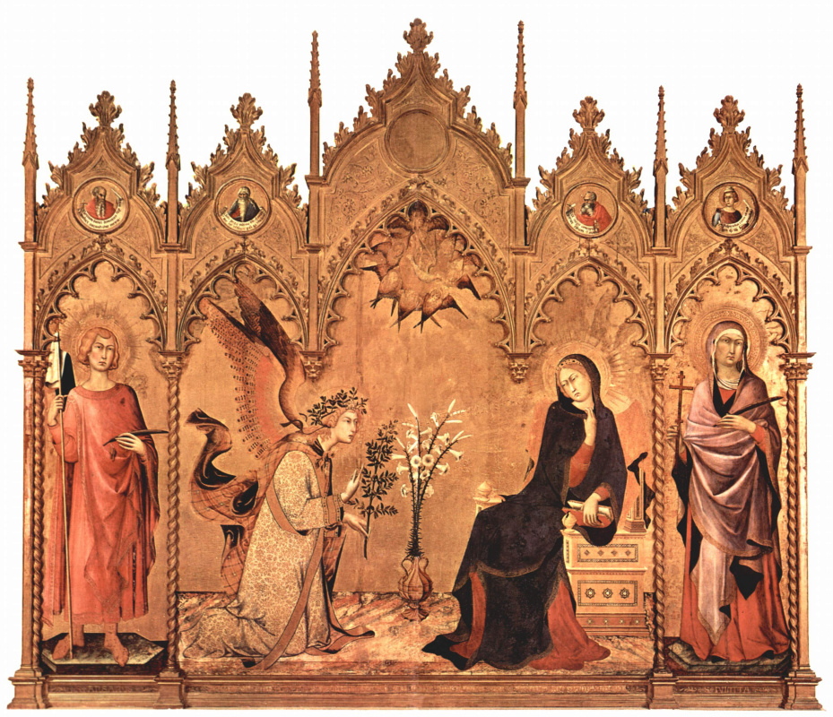 Simone Martini. Triptych of the Annunciation of the Central part. The Virgin Mary. Left: St. Ansan Siena.