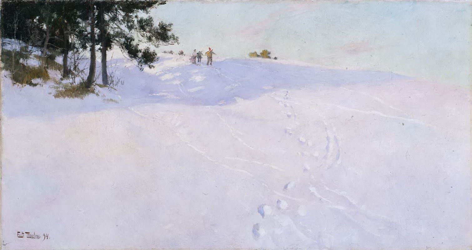 Frits Thaulow. Skiers on snowy mountain top