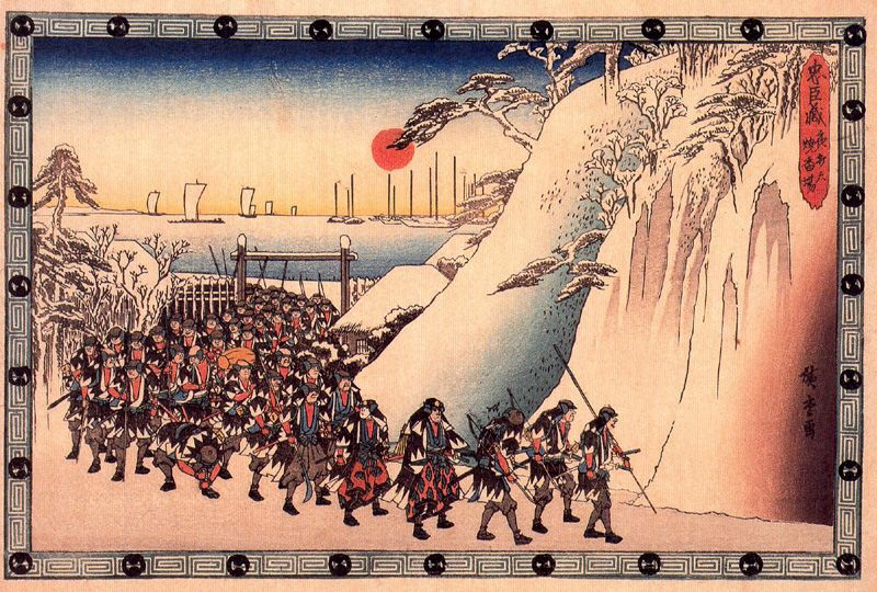 Utagawa Hiroshige. Chushingura, the tale of forty seven ronin. Act XI, episode 6. Ronin enter into the temple of Sengakuji to worship God young Anya