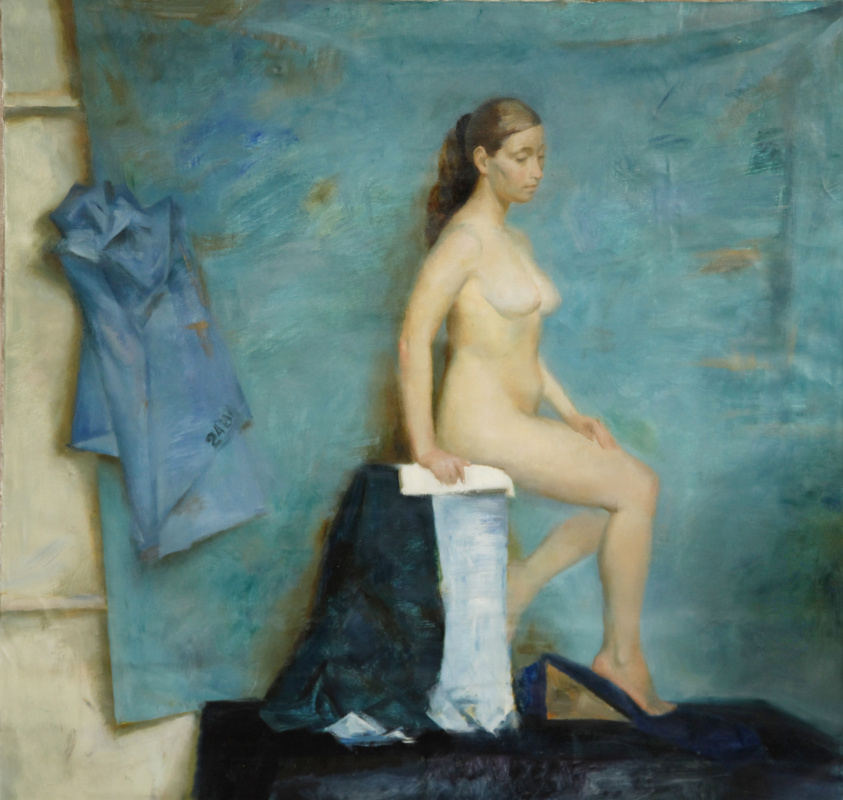 Julia Andreevna Petrova. Seated Nude on blue background.