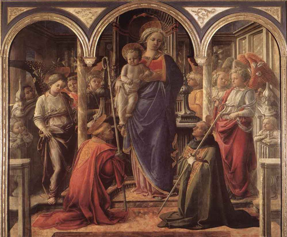 Фра Филиппо Липпи. Мадонна с Младенцем в окружении ангелов, со святыми Фредиано и Августином