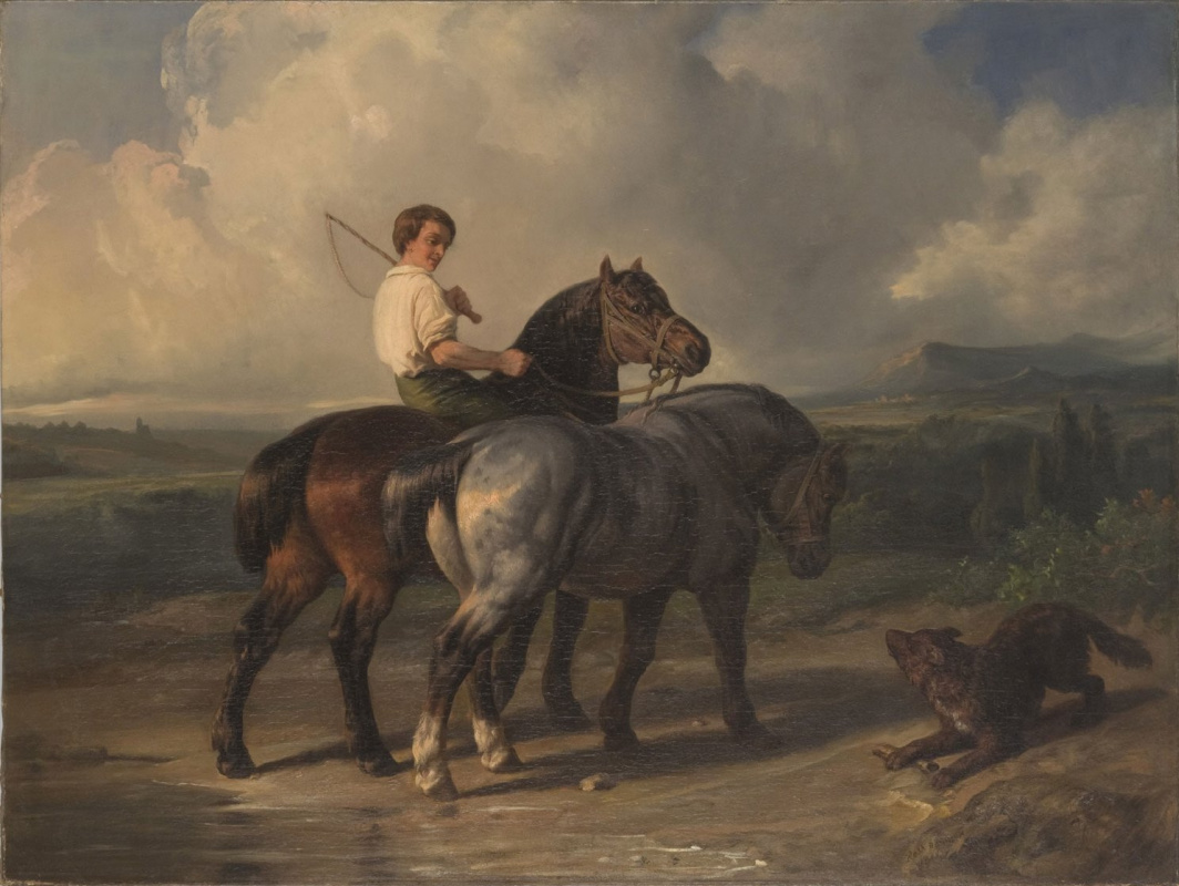 Rose Bonhur. 两匹马和一只狗