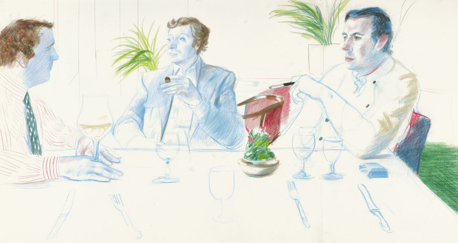 David Hockney. Peter Langan, Michael Caine and Richard Shepherd, Langan's Brasserie