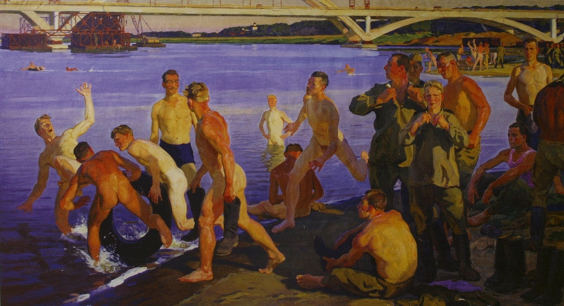 Dmitry Zhilinsky. "Bathing soldiers (the Builders of the bridge)" 1959