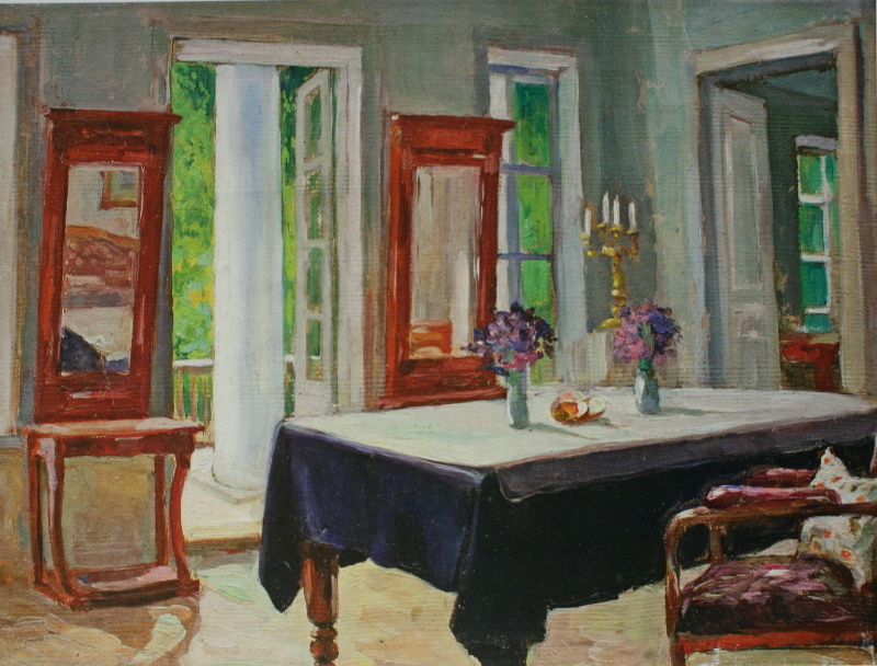 Nikolay Ivanovich Shestopalov. Interior with a black tablecloth. 1910's 40х53