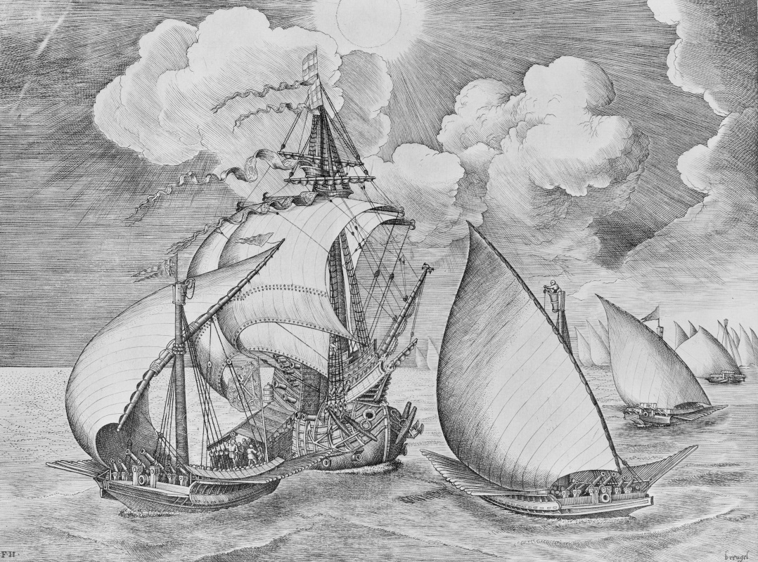 The warship, accompanied by sailing galleys