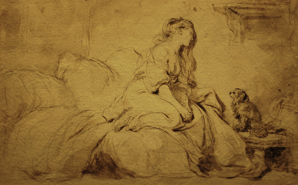 Jean-Honore Fragonard. Sketch of a girl with a dog