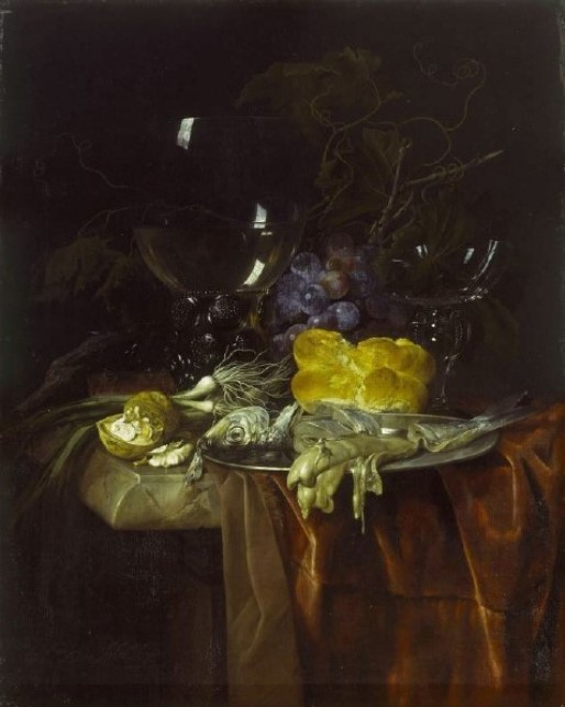 Willem van Aelst. The table for Breakfast. Still life with nuts, green onions and bread