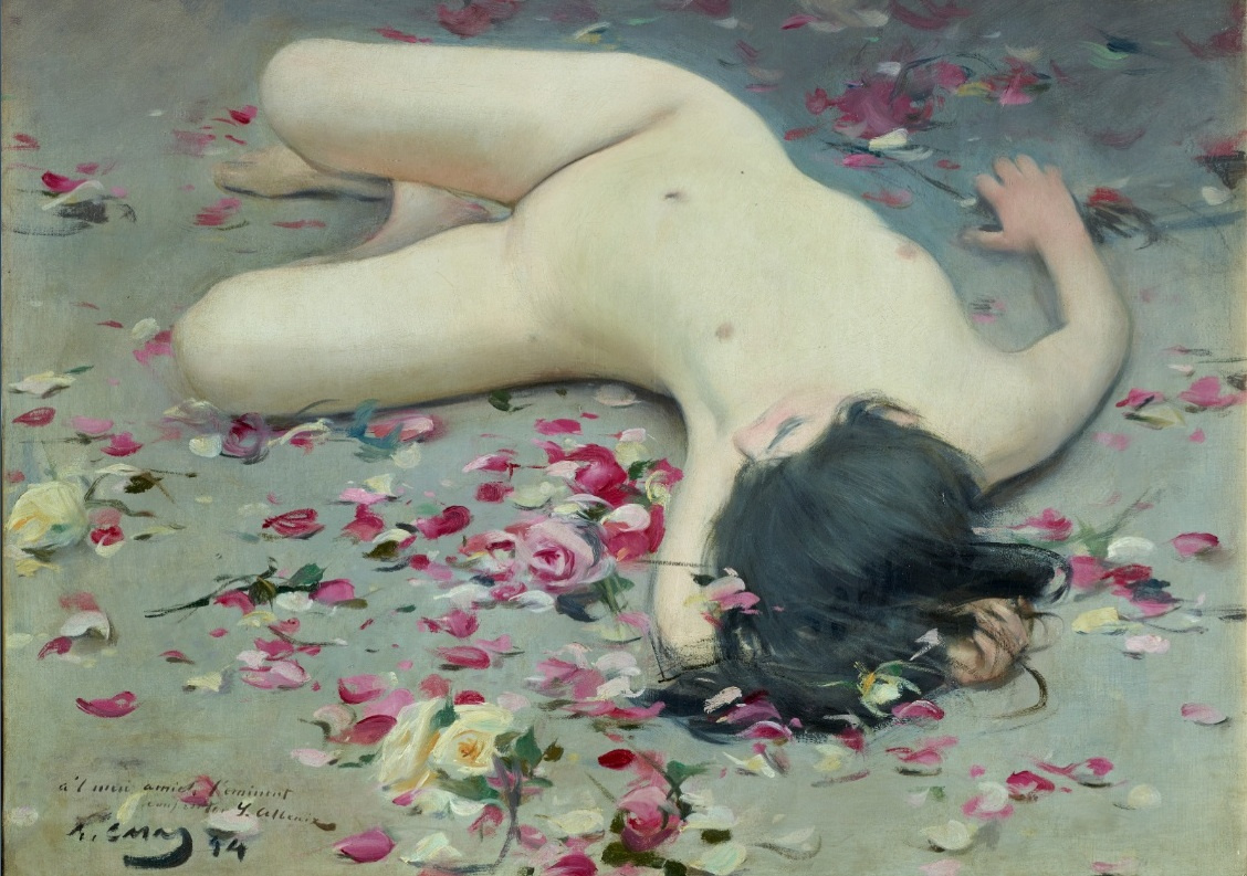 Nude woman among petals