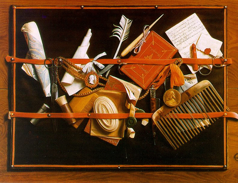 Samuel van Hogstraaten. Feather, comb and scissors. Still life with an optical illusion