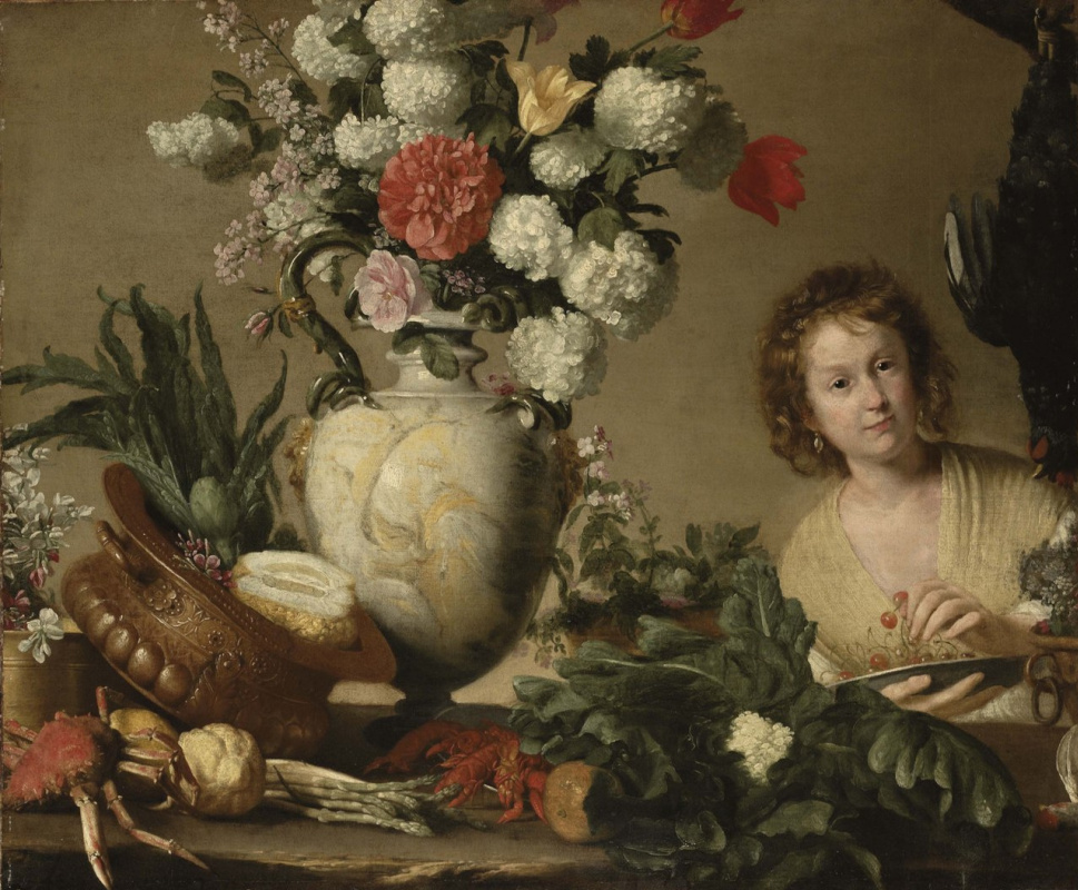 Bernardo Strozzi. Цветочный натюрморт с женщиной держащей тарелку.